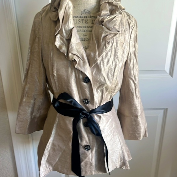 Adriana Papel shiny gold evening jacket black crystal button black satin belt 12 - Picture 2 of 7